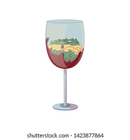 Yellow fields inside a wine glass. Vector illustration on white background.