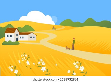 Yellow fields with white flowers and houses against a blue sky. A man walks with a dachshund.