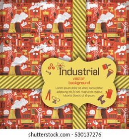 Yellow figured placard with work tools and crossed textured stripes on red iIndustrial background vector illustration