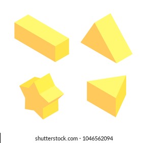 Yellow figures set, colorful vector illustration, geometric prisms of cuboid, triangular and pentagrammic prisms, cute bright star, light refraction