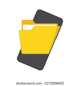 Gelbe Datei Ordner auf dem Bildschirm Smartphone. Das Konzept der Dateiübertragung, Datenspeicherung.