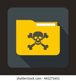 Yellow file folder with a skull icon in flat style on a gray background