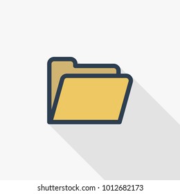 Yellow file folder thin line flat color icon. Linear vector illustration. Pictogram isolated on white background. Colorful long shadow design.