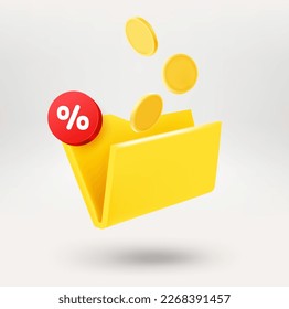 Yellow file and gold coins with discountt label. 3d vector icon isolated on white background