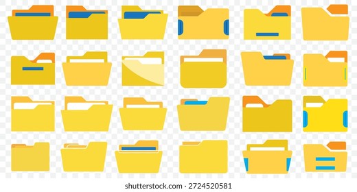 Yellow file management concept. Computer files directory, line pattern. Folders in a system of storage. Scheme made from empty maps. Folder with network. Computing map. Data storage on Transparent Background. EPS 10.