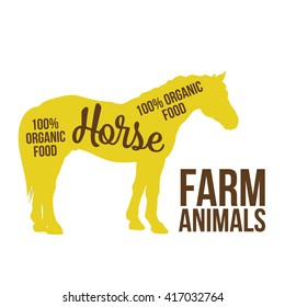 Yellow filled contours of horse with letters of the inscription. Farm animal horse full-length, concept of natural farm products