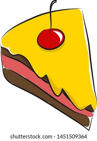 Un pastel de hielo relleno de amarillo con cereza en la parte superior, vector, dibujo de color o ilustración.