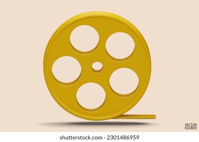 Gelbe Filmsymbol einzeln auf beigem Hintergrund. Videokamera Band 3D Zeichen Logo. Kamerakonduktionsfilm aufzeichnen 3D-Rendering-Film, Kino, Entertainment-Konzept. 3D-Vektorgrafik.