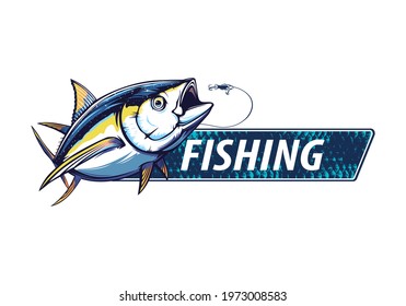 Yellow fin tuna fishing on white logo illustration. Vector illustration can be used for creating logo and emblem for fishing club.