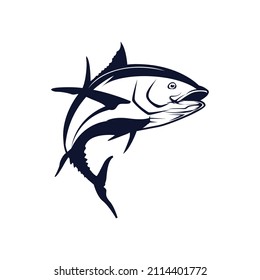 Gelbe Thunfischlogos für Fischer und Tollwut für den Fischfang Logo.Gelber Thunfisch-Sprung, Ein moderner Thunfischfisch Vektor springt aus dem Wasser