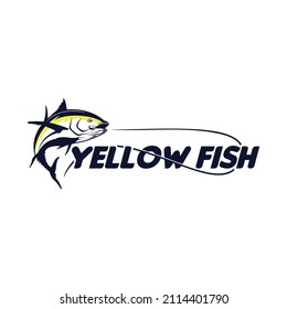 Gelbe Thunfischlogos für Fischer und Tollwut für den Fischfang Logo.Gelber Thunfisch-Sprung, Ein moderner Thunfischfisch Vektor springt aus dem Wasser