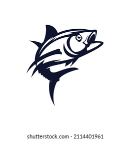 Gelbe Thunfischlogos für Fischer und Tollwut für den Fischfang Logo.Gelber Thunfisch-Sprung, Ein moderner Thunfischfisch Vektor springt aus dem Wasser