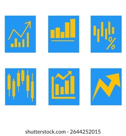 Yellow financial chart icons on blue background. Include bar, line, candlestick, and percentage graph for stock and market analysis