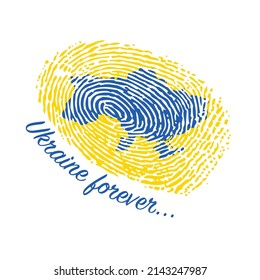 Yellow fingerprint silhouette with blue Ukraine map and text. It is in my DNA and Ukraine forever poster and plackard samples