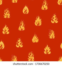 Yellow Fire Flames Vector Seamless Pattern. Hand Drawn Doodle Fire Flame Silhouettes Bright Red Background