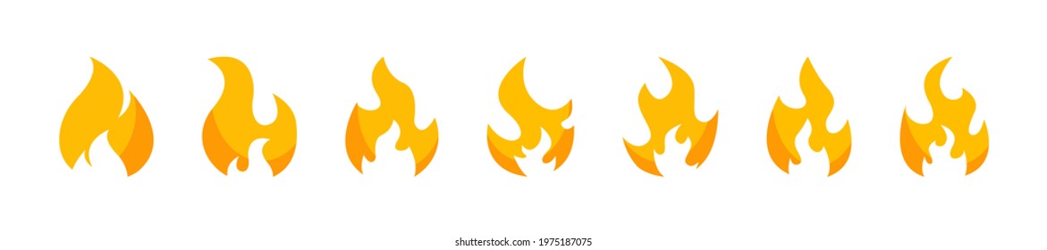 Yellow fire icons flat collection. Fire flame icons. Fire safety vector illustration. Vector flame illustration. Vector emoticon set. Vector graphic. EPS 10