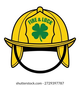 Yellow firefighter helmet, fire and luck text, green clover, st patrick's day theme