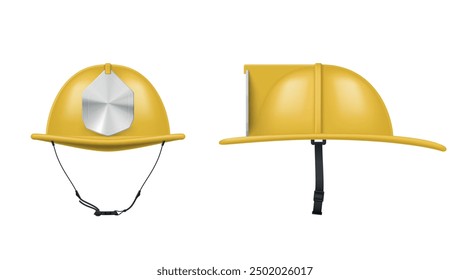 Casco de bombero amarillo sombrero de bombero cabeza uniforme protector vista frontal Ilustración vectorial realista. Equipo de seguridad de rescate de rescate de bomberos de extinción de incendios de Profesional con emblema reflectante