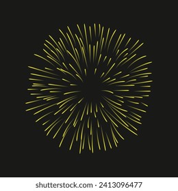 Yellow firework explosion shapes isolated on black background. Vector