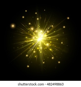 Yellow firework flash isolated on black background. Vector illustration.