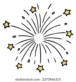 Yellow fireworks. Color vector illustration. Flash, flying sparks and stars. Pyrotechnic decoration of the festive event. Cartoon style. Isolated background. Idea for web design.