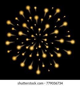 Yellow fireworks isolated on black background. Vector illustration