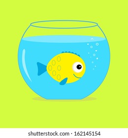 Yellow fish in the aquarium. Card.  Vector illustration