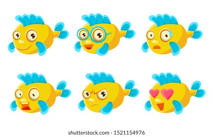 Yellow Fish with Different Emotions Set, Cute Sea Creature Cartoon Character with Funny Face Vector Illustration