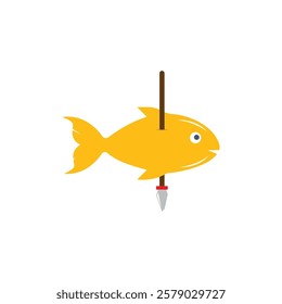 Yellow fish impaled spearhead stick represents simple fishing.