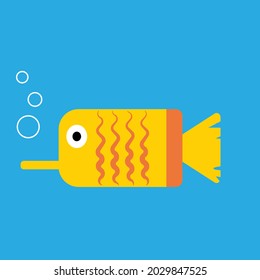 Yellow fish inside the blue sea with air bubbles