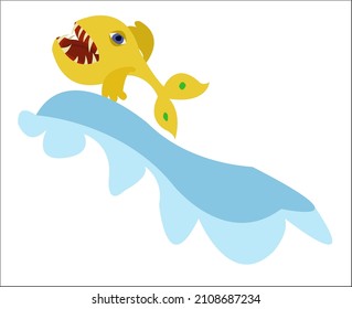 A yellow fish jumping on a sea wave. Can be useful as a logo for fishing companies and sea fun business. Vector illustration.