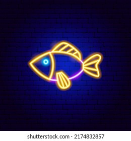 Yellow Fish Neon Sign. Vector Illustration of Sea Promotion.