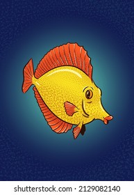 Pescado amarillo sobre fondo azul profundo. Ilustración de arte vectorial para postal, folleto, volante, etc.
