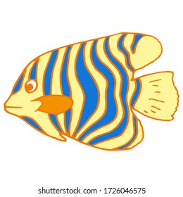 Yellow fish on white isolated backdrop. Coral reef fish for invitation and gift card, tattoo parlor or pet shop logo, bath tile. Phone case or cloth print art. Doodle style stock vector illustration