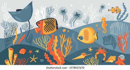 Yellow fish and other marine life on the seabed sea ocean flat vector illustration