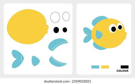 Patrón de pescado amarillo para artesanías infantiles o artesanías de papel. Ilustración vectorial del rompecabezas del pez dorado. patrones de corte y pegamento para la artesanía infantil.