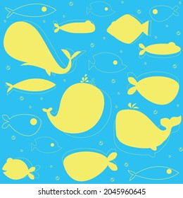 yellow fish patterns on blue background, vector, decorative design, textile, fabric, napkin, backdrop
