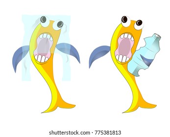 Yellow fish in plastic bag in blue ocean, with plastic bottle, rubbish pollution water vector illustration
