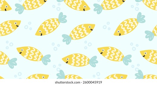 Yellow fish seamless pattern design for playful decor. Vector illustration