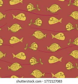 Yellow fish seamless vector pattern on rusty background. Sealife surface print design. For fabrics, textiles, stationery, and packaging.