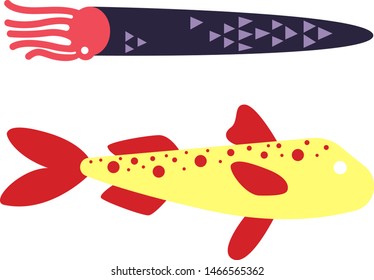 Yellow fish and squid simple illustration on white background
