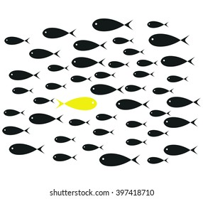 Yellow Fish swim opposite upstream the ton of black fish isolated on white background illustration