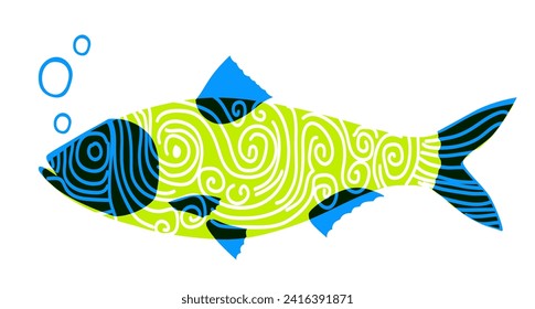 Yellow fish swimming forward, printed on risograph. Vector illustration