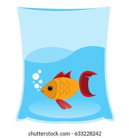 Yellow fish in a transparent container with water. Pet Shop.