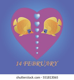 Yellow fish. Valentine. Vector Image. Colorful fish coral reef aquariums. Design for Valentine, posters, leaflets and postcards.