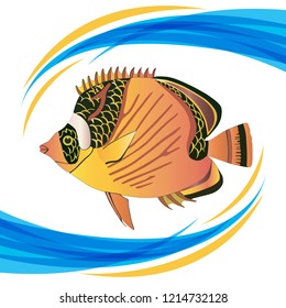 yellow fish with waves on white background