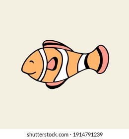 Pescado amarillo con rayas blancas. Ilustración del doodle dibujada a mano por vectores.