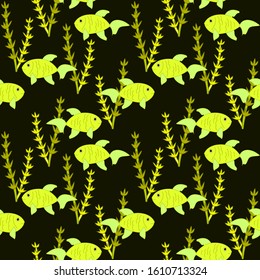 Yellow fishes and water plants on black background. Seamless pattern. Vector graphics.