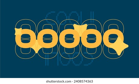 Tipografía amarilla de cinco O letras sobre fondo azul, arte abstracto de estilo negrita