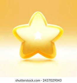 Ilustración de vector realista de fondo de estudio de gradiente de luz de icono 3d de evaluación de mejor calidad de premio de estrella de cinco puntas amarilla. Símbolo brillante del resultado del éxito gana el trofeo de la recompensa del rango apreciación